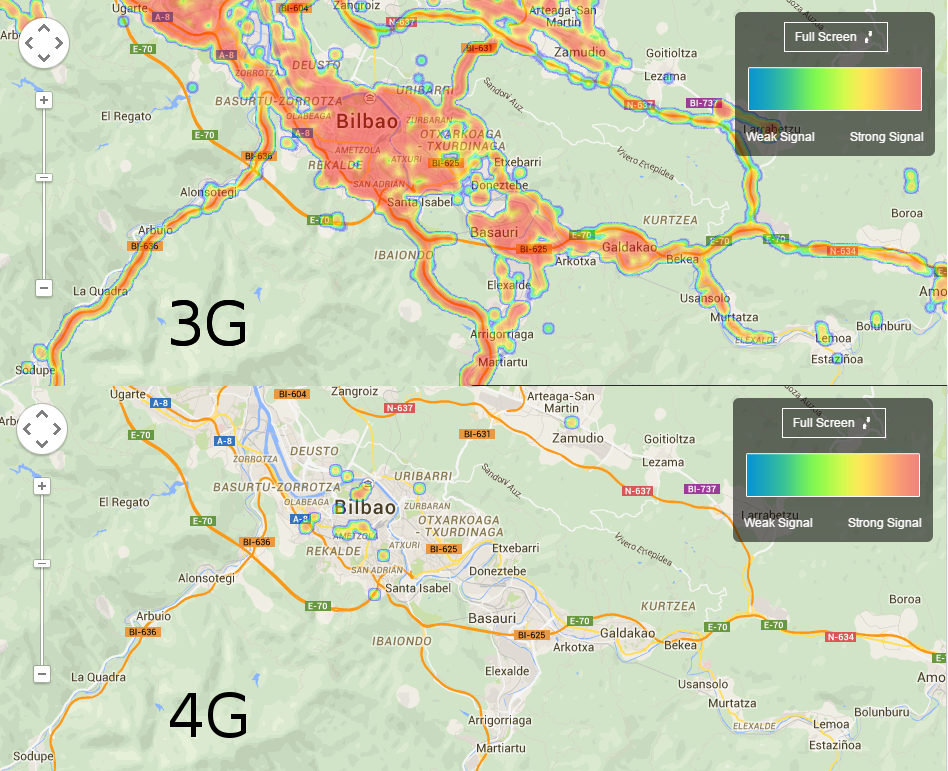 Comparación de la cobertura actual 3G y 4G para la zona de Bilbao
